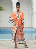 Summer Orange Boho Print Self Belted Front Open Long Kimono Dress Beach Tunic Women Swim Suit Cover Up Q996