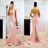 Baby roze zeemeermin prom jurken lange halter nek kanten avondjurken vegen trein backless bruidsmeisje jurk dames jurken 315Q