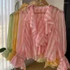 Blouses pour femmes volants patchwork V-Neck Flare Sleve Shirts Elegant Sweet Summer Plaid Top Lady 2024 Spring All-Match Blusas Mujer