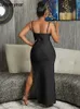 Urban Sexy Dresses Year Sexy Strap Mesh Splice Side Slit Long Party Bodycon Dresses For Women Elegant Night Club Birthday Evening Maxi Robe T240510