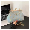 Umhängetaschen chinesischer Stil Retro Blue Evening Mode einfache Druckschale Clutches Metallgriff Handtasche Goldkettenbeutel für Frauen