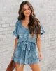 Jeans Stretch Jumpsuit V Neck Short Sleeve Solid Denim Casual Rompers Ladies Lace Up Playsuits Pockets 240508