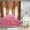 シャワーカーテン花柄のカーテンカラフルなピンクネイチャーフラワーバスルームバスタブ装飾フック付き飾り180x200cm