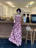 Basic Casual Dresses French rose print womens lace dress new design for summer and autumn feeling high waisted wrapped in unique shoulder straps long dress cheap who