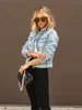 Long Sleeve Cropped Denim Jacket Blue Ripped Button Closure Distressed Flap Pockets Denim Coats Womens Denim Clothing 240510