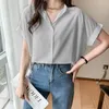 White Thin Button Blouse Summer Polo Neck Shoer Sleeve Solid Color Loose Office Shirt Tops Elegant Fashion Women Clothing 240429