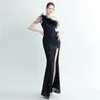 Casual Dresses Luxury Elegant Elastic Long For Women Evening Party Wedding Guest Prom Split One Shoulder Bling And Feathers Formal