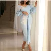 Tea Length Light Sky Blue Mother Of The Bride Dresses Off The Shoulder Evening Dresses With Long Sleeves Appliques Party Gowns Prom Dre 273r