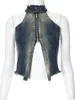 Tanks féminins 2024 Chic Denim Tops Tops Halter Neck Zip-Up Crop Top High Street Bandage Backlessless Hollow Out Blue Jeans T-shirt