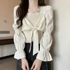 Женские блузки сладкий лук плиссированные плиссированные топы рубашки с длинным рукава
