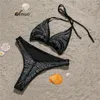 Damenbadebekleidung 2024 Dreieck von Lady Triangle Binde Bikini Kristalle glänzende Badeanzug Frauen Biquini Schwarz