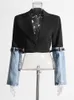 VGH Casual Hit Color Spliced Denim Jackets For Women Notched Collar Long Sleeve Patchwork Belt Short Slimming Coats Female Style 240510