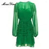 Abiti casual Moaayina Summer Designer Perspective Vintage Dress Abito in chiffon Donne a maniche lunghe arti rouffle Green Mini