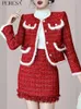 Arbetsklänningar Peiresa 2024 Autumn Winter Red Tweed 2 Piece Set Women Outfit Color Block Hairy Patchwork Jacket Stock mini kjol kostym kvinna