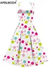 Casual Dresses 2024 Colorful Polka Dot Print Sleeveless Swing Vintage Dress Sling Retro Flare Robe Femme Pinup Pleated Runway