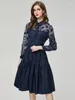 Robes décontractées aeleseen vintage noire midi robe pour les femmes conception de mode à manches longues à manches longues maille patchwork bleu marine élégant