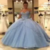 2019 Light Sky Blue Ball Suknia Quinceanera Sukienki CAP Rękawy Spaghetti Kryształ Kryształ Princess Prezenta