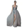 Sexy Berta High Slit Silver Prom Vestidos de estilo bohemio Correas sin espalda con encaje azul marino.