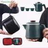 ティーウェアセットセラミックマグトラベルティーセット黒陶器ポットとカップ付きカップフィルター木製ハンドルポータブルバッグ