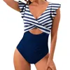 Swimwear femminile sexy sexy pezzo da bagno con costume da bagno a strisce arruffato a stronzo a v -collo ritaglio monkini estivo corpi da bagno da bagno da bagno