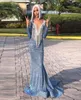 Glitter Blue Luxury Mermaid Robes de bal à manches longues Deep V Couc Crystals de filet brillant plus taille African Girls Party Party Gown5447644