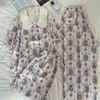 Ubranie domowe 2024 Spring Pajama Zestaw dla kobiet z jedwabiu Lodowa Tkanina Koronkowe ubrania 3 sztuki garnitur spania spodni hurtowo