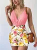 2024 Summer Elegant Floral Slim Mini Sets Women Fashion Sexy Deep V-neck Spaghetti Strap Bodysuit Skirt Woman Party Set Dress 240506