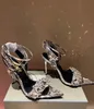 Sandálias metálicas da marca elegante sapatos de cristal com céu estilista de tornozelo de cais de pedra estiletto de salto gladiador Sandalias Mulheres Vestido de festa de festa pontiaguda