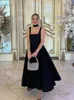 Urban Sexy Dresses Elegant Black Slveless Women Sling Maxi Dress Fashion Square Neck Pleated Hem A-line Dresses Summer Lady Chic High Strt Robe T240510