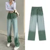 Women's Jeans Autumn Winter Women Green Gradient High Waist Denim Loose Wide Leg Pants S-XXL