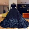 Bohemian Black Ienasdresses Ball Gown Wedding Dresses Long Sleeve High Neck Satin Princess Gown Tulle Lace Feather Crystal Bridal Gowns 220c