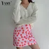 Rokken Koreaanse mode Mini -rok Hoge taille roze zomerkleding Vrouwen 2024 Rode bloemen Y2K -print Satin Kawaii