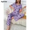 Home Vêtements Spring Summer Femmes Pyjamas Heart Printing Pijamas Milk Soft Variot Shoue Sleeurs Corques courtes Pantalon Long Pantalon For Girl