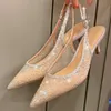 Rhinestone High Heels Designer Sandals Sandals Abito da sposa Scarpe da sposa Mesh glitter Punta di Muller Pompe Donne Donne