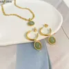 Pendant Necklaces 18K Green Aventurine Jade Round Pendant Figaro Chain Stainless Steel Necklace Earrings Set Vintage Gold Plated Jewelry for Women