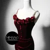 Spaghetti Evening Dress Dress Party Shiny Diamond Rose Wine Red Velvet Texture Bridal Romaid Fit Dress