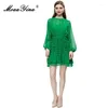 Abiti casual Moaayina Summer Designer Perspective Vintage Dress Abito in chiffon Donne a maniche lunghe arti rouffle Green Mini