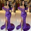 Arabic Duabi Sexy Purple Place Mermaid Dresses Prom Longitud Longitud del piso fuera de los hombros Drapeados de lado alto División de vestidos de noche formales We 3046