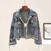 Womens Graffiti Denim Jacket Frayed Raw Cut Rivet Fringe Jean Coat Female Outwear Short Street Fashion Spring Autumn 240423