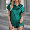 Kadın bluzları 2024 Yaz Saten Gömlek Kadınlar Kısa Kollu Düğme Up Bayanlar Ofis Düz Renkli Gevşek İpek Gömlek Bluz