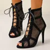 Mesh Sexy High Women Lace Up Latin Dance Shoes Summer Fish Bouth Cool Boot Fashion Fashion Hollow Stiletto Talons Net Sandales