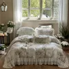 Beddengoed sets vintage bloemen print kanten ruches rand set lyocell katoen zacht zijde zijden dekbedoverkap laken gemonteerde kussenslopen