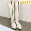 Botas longas mulheres dianteiro zíper artesanal grosso Cavaleiro Cavaleiro Inverno de couro genuíno Sapatos de mulheres joelho casual High White