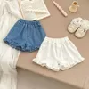 Shorts neue Sommermädchen Baby solide weiche Denim Shorts Neugeborenes Baby dünne Ruffen Jeans Kinder Cotton Casual Shorts Kinder mitteldichte Faserplatte D240510