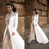 Wedding Jumpsuits With Long Jacket 2020 New High Neck Lace Appliqued Bead Lace Bridal Dress Sweep Train Illusion Beach Wedding Gowns 75 343p