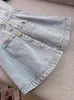 Feestjurken lichtblauwe denimjurk elegante ronde nek kleurrijke diamant buckle patch pocket korte rok pauze middag