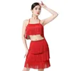 Werkjurken Sexy Women Festival Rave Party Outfit Tassel Crop Tank Top Mini Rok Latin Dance Belly Two Piece Set for Performance Stage