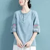 Bluzki damskie letnia okrągła szyja moda na pół rękawie koszula kobiety chiński styl jadalny drzewo pullover guziki haftowane vintage topy