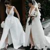 Romantic Deep V-Neck Arabic Satin Wedding Dresses Ball Split Backless Plus Size Saudi Country Custom Vestido de novia Formal Bridal Gow 194j
