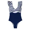 Swimwear femminile sexy sexy pezzo da bagno con costume da bagno a strisce arruffato a stronzo a v -collo ritaglio monkini estivo corpi da bagno da bagno da bagno